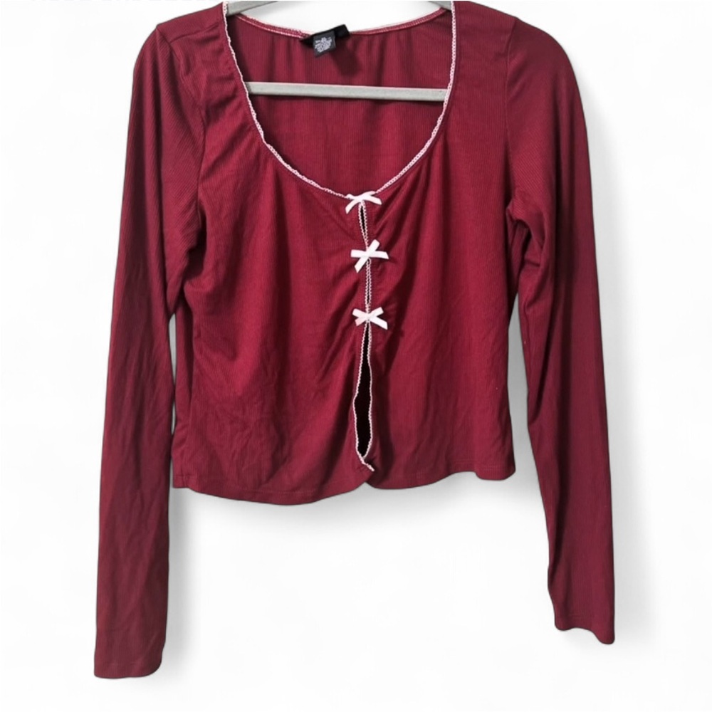 Women's Red Long Sleeve Top with Bow Accents